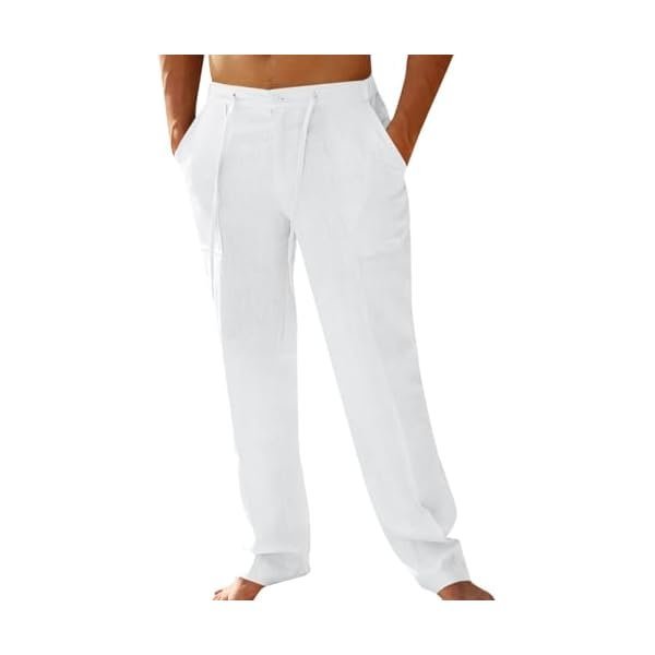 Mens Casual Linen Pants Loose Fit Elastic Drawstring Waist Straight-Legs Summer Yoga Beach Long Pants