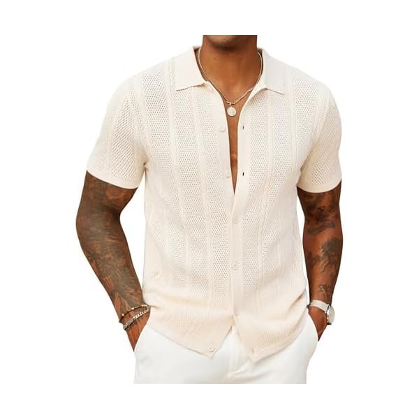 Mens Knit Button Down Shirts Casual Textured Polo Shirt Short Sleeve Vintage Summer Beach Tops