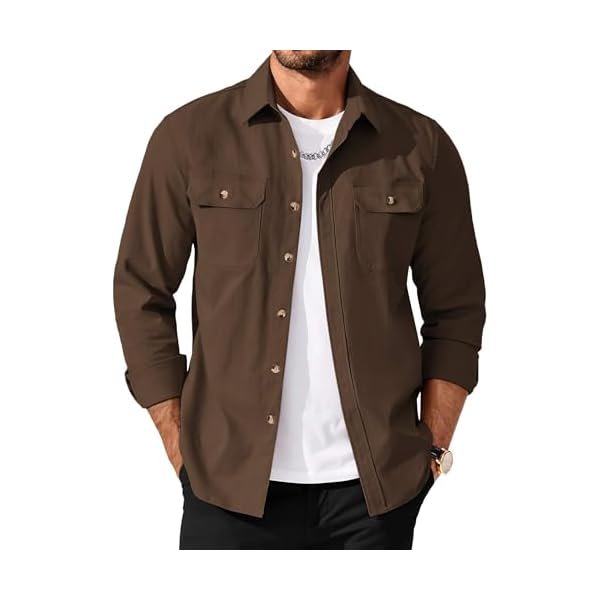 Men's Long Sleeve Button Up Shirt Jacket with Flap Pockets
